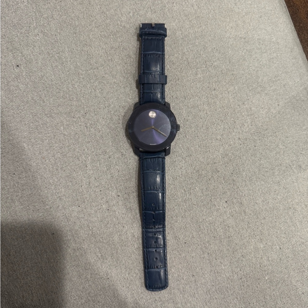 Stylish Blue Movado Leather Strap Watch